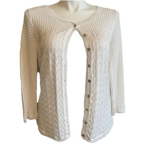 L.L. Bean Linen Blend Open Knit Crochet Cardigan Sweater Women's L Cottagecore